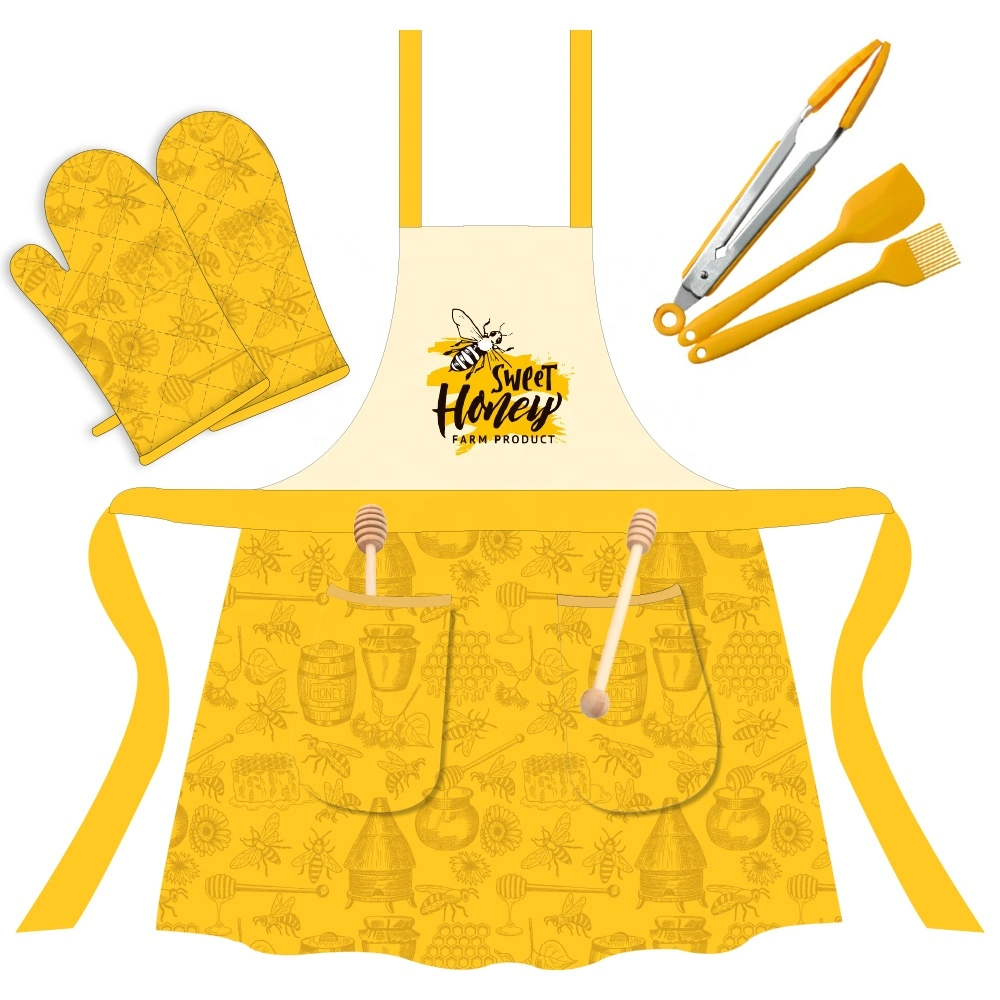 Cooking Apron and Oven Gloves Set, Kitchen Apron with Pocket Adjustable Neck Belt Heat Resistant