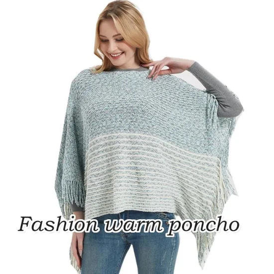 Capa tipo poncho con chal grueso y estampado de rayas cálidas de gran tamaño para mujer